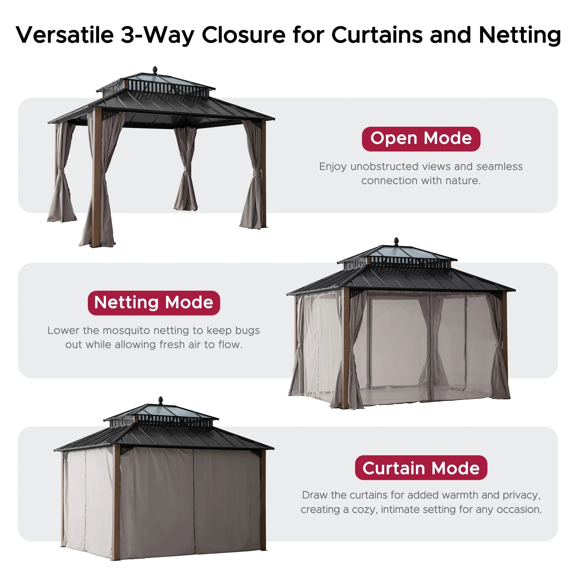 SUNJOY Kingston 12x10 Gazebo with Netting & Curtain | Steel & PC Roof - Woodgrain Aluminum Posts