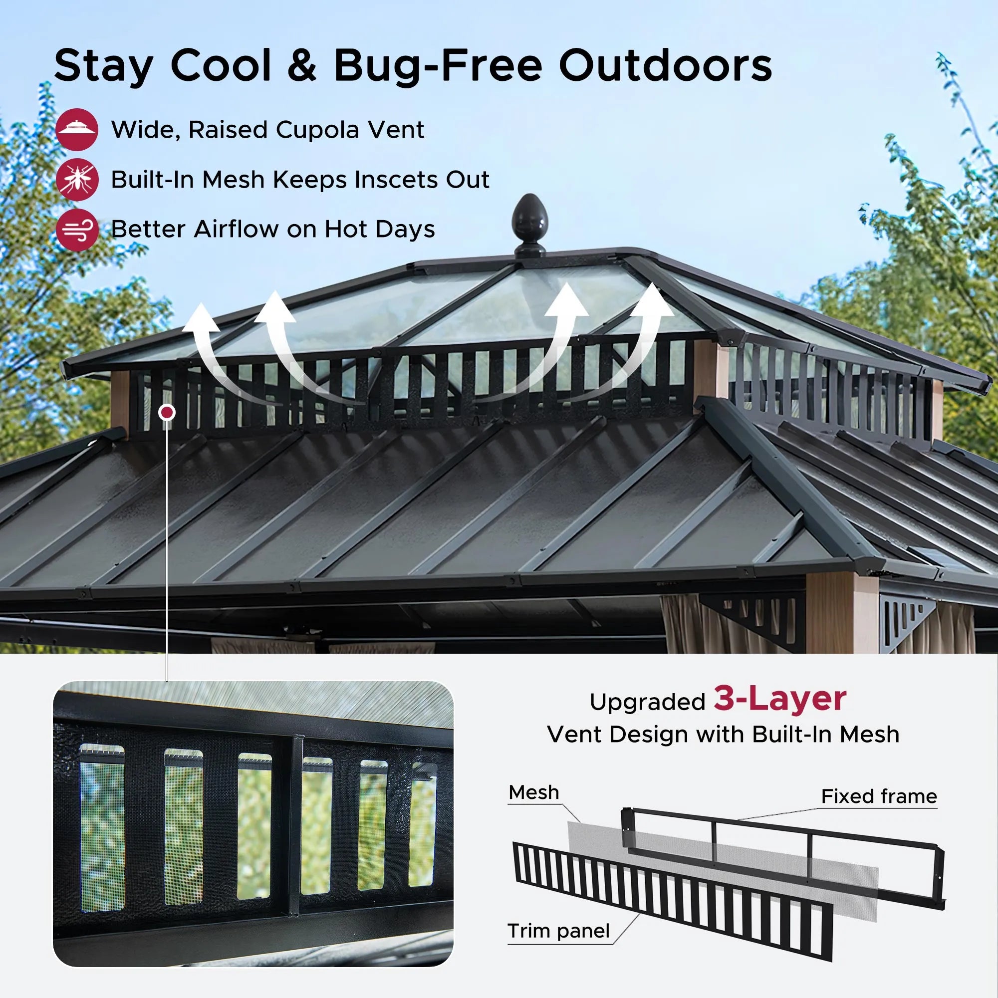 SUNJOY Kingston 12x10 Gazebo with Netting & Curtain | Steel & PC Roof - Woodgrain Aluminum Posts