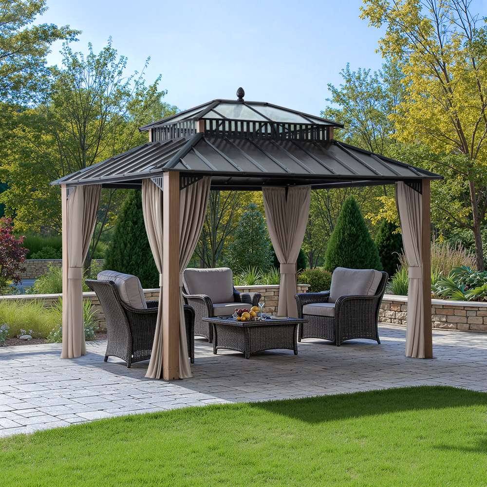 SUNJOY Kingston 12x10 Gazebo with Netting & Curtain | Steel & PC Roof - Woodgrain Aluminum Posts