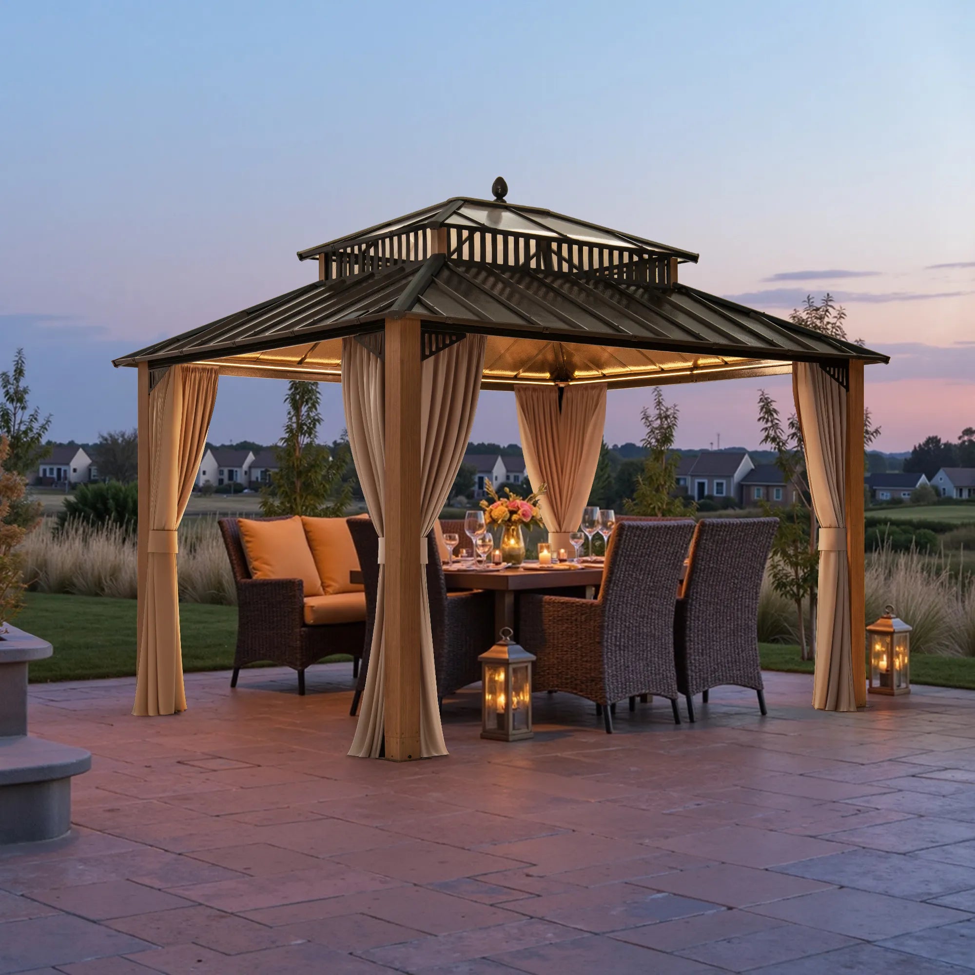 SUNJOY Kingston 12x10 Gazebo with Netting & Curtain | Steel & PC Roof - Woodgrain Aluminum Posts