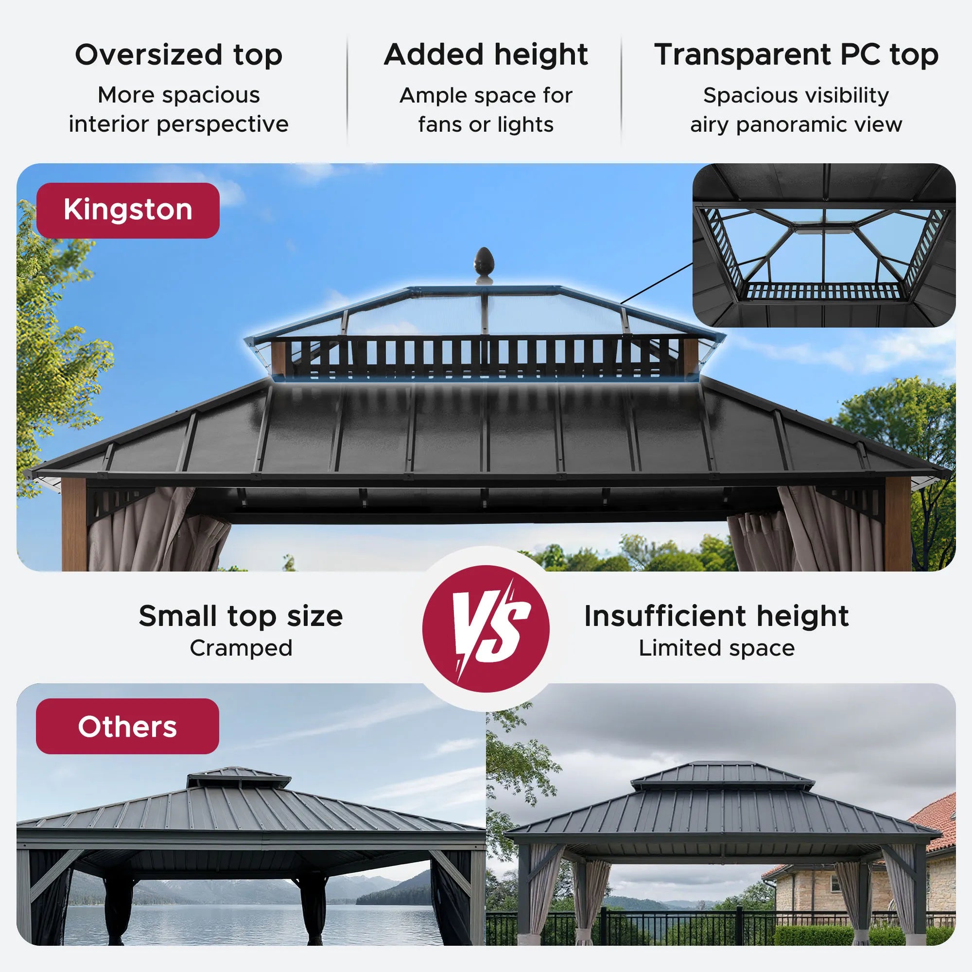 SUNJOY Kingston 12x10 Gazebo with Netting & Curtain | Steel & PC Roof - Woodgrain Aluminum Posts