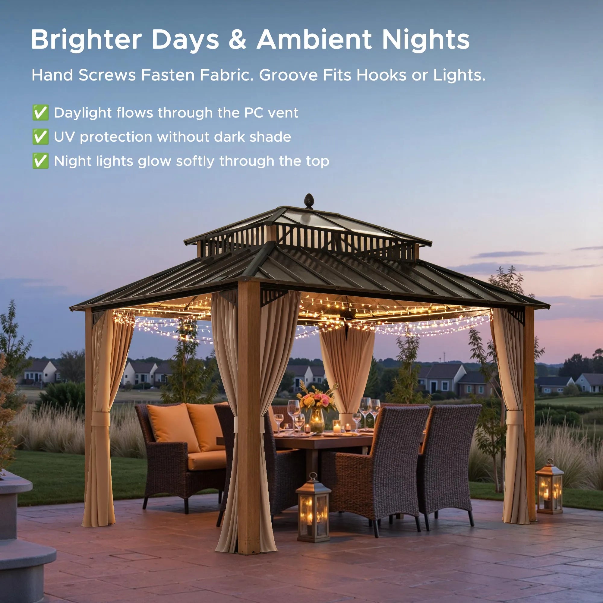 SUNJOY Kingston 12x10 Gazebo with Netting & Curtain | Steel & PC Roof - Woodgrain Aluminum Posts