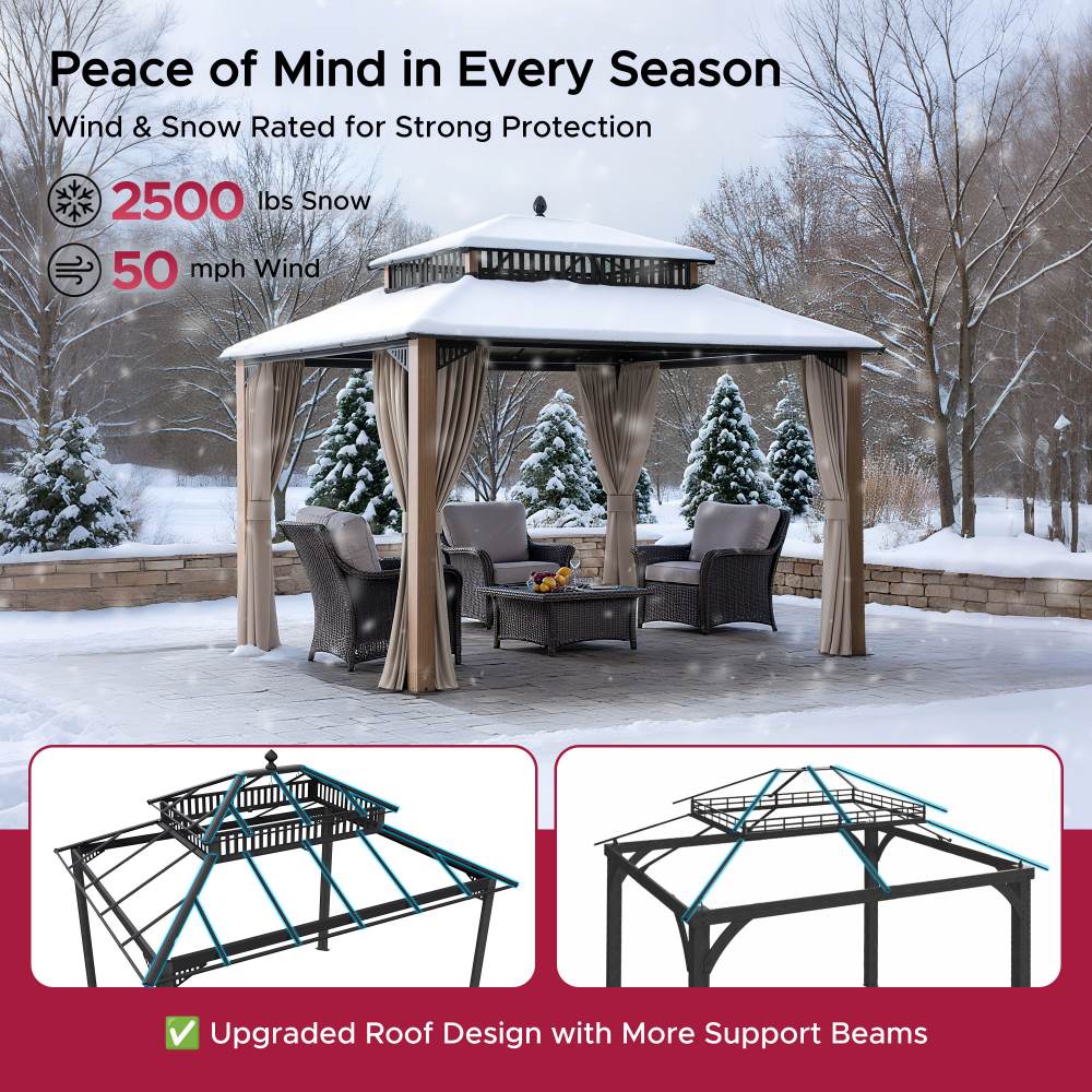 SUNJOY Kingston 12x10 Gazebo with Netting & Curtain | Steel & PC Roof - Woodgrain Aluminum Posts