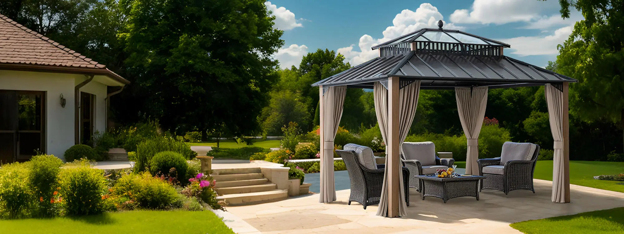 SUNJOY Kingston 12x10 Gazebo with Netting & Curtain | Steel Roof with Extra-Tall & Oversized PC Vent Top - Woodgrain Aluminum Posts