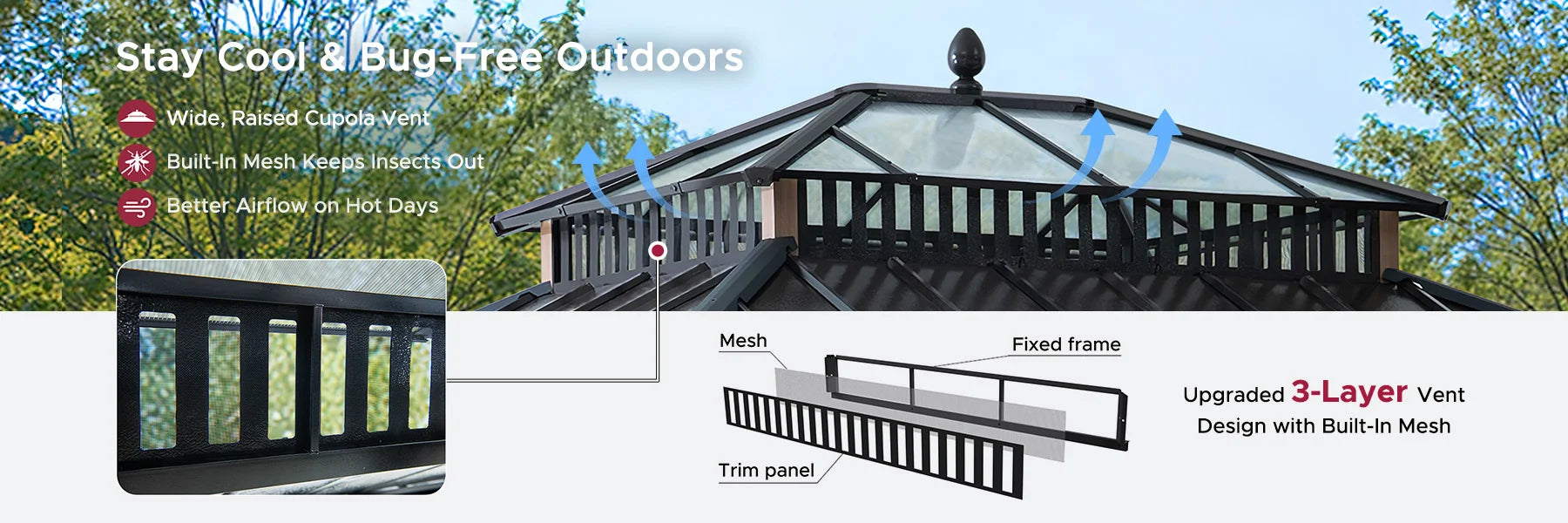 SUNJOY Kingston 12x10 Gazebo with Netting & Curtain | Steel Roof with Extra-Tall & Oversized PC Vent Top - Woodgrain Aluminum Posts