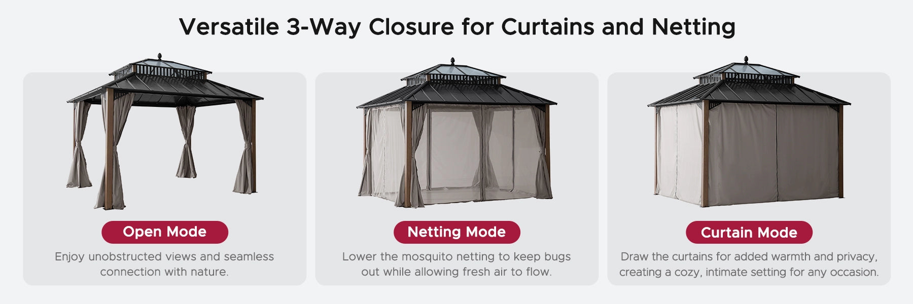 SUNJOY Kingston 12x10 Gazebo with Netting & Curtain | Steel Roof with Extra-Tall & Oversized PC Vent Top - Woodgrain Aluminum Posts