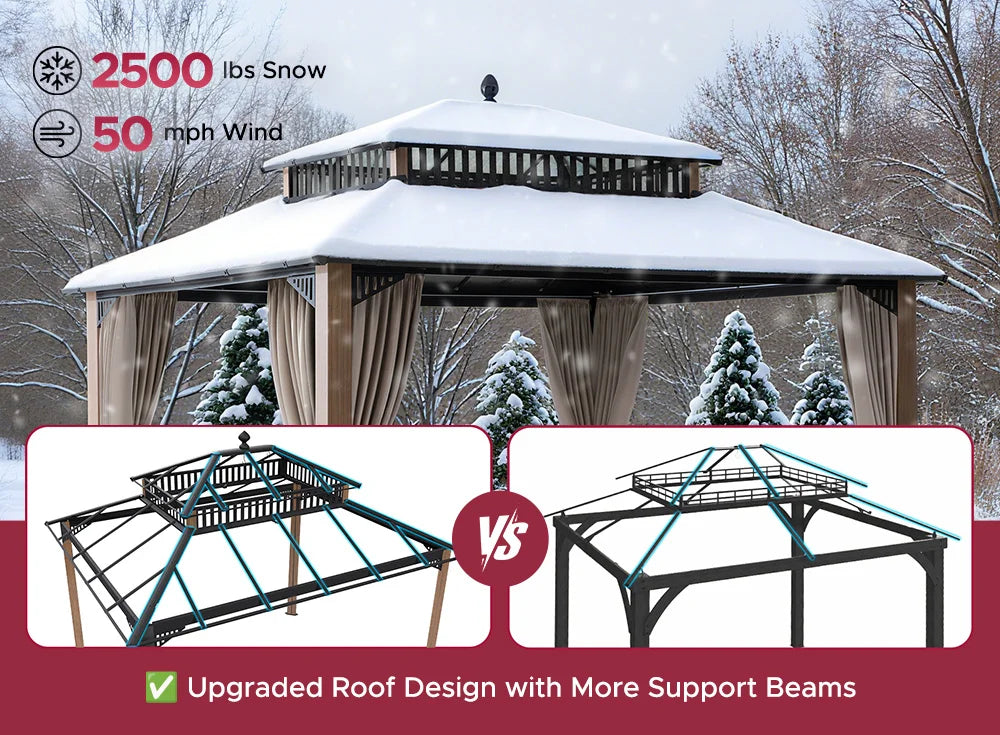 SUNJOY Kingston 12x10 Gazebo with Netting & Curtain | Steel Roof with Extra-Tall & Oversized PC Vent Top - Woodgrain Aluminum Posts