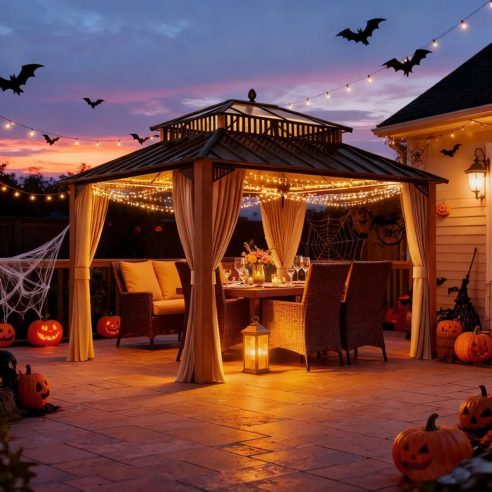 Halloween-themed outdoor gazebo with decorations, pumpkins, and string lights.