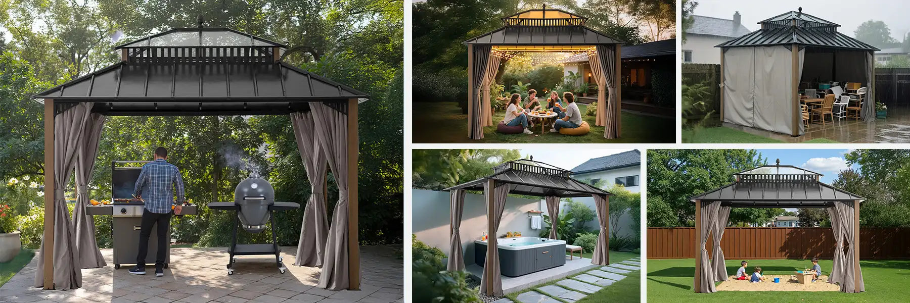 SUNJOY Kingston 12x10 Gazebo with Netting & Curtain | Steel Roof with Extra-Tall & Oversized PC Vent Top - Woodgrain Aluminum Posts