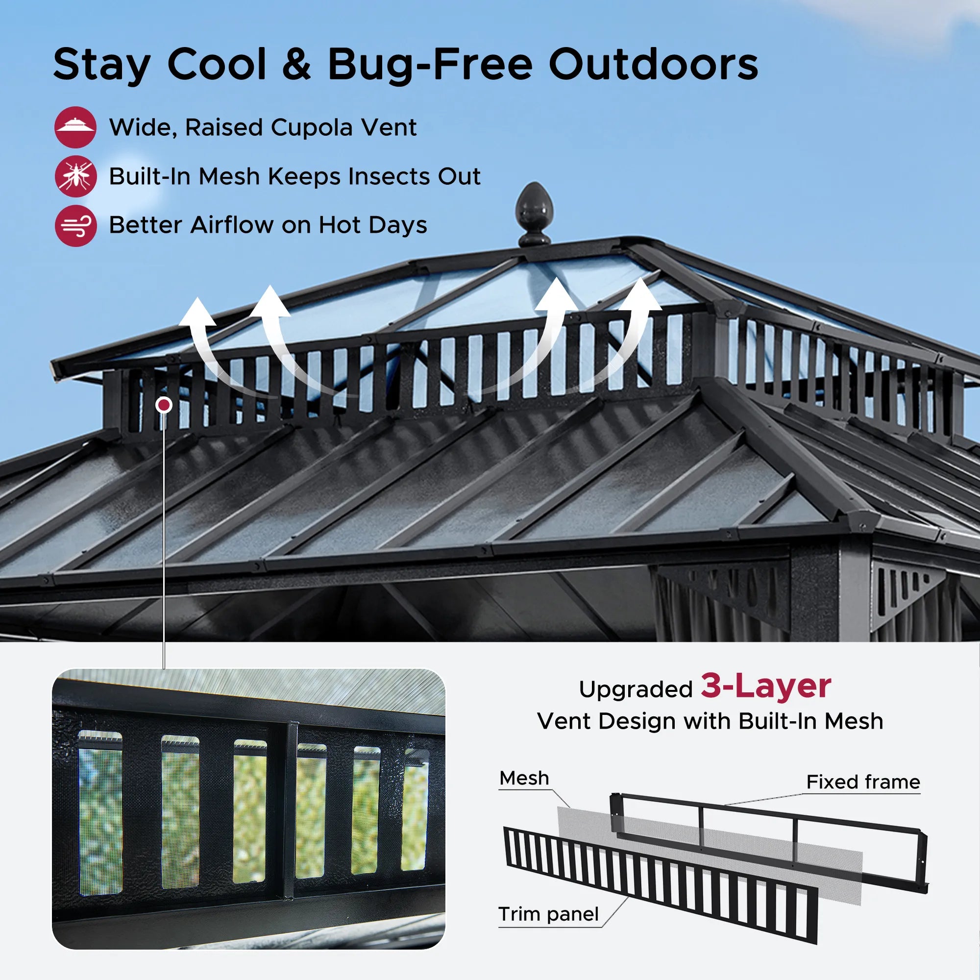 SUNJOY Kingston 12x10 Gazebo with Netting & Curtain | Steel & PC Roof - Gray Aluminum Posts