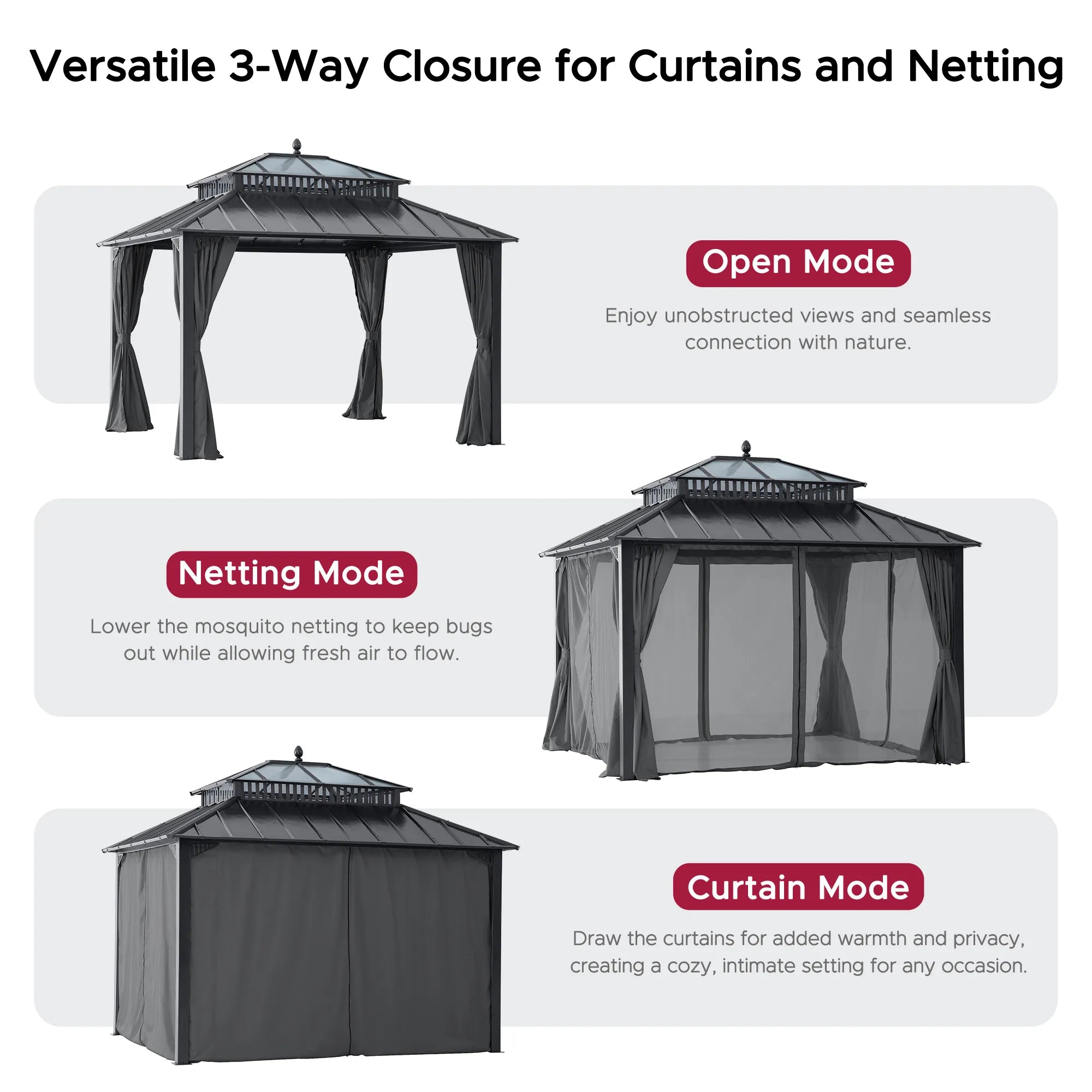 SUNJOY Kingston 12x10 Gazebo with Netting & Curtain | Steel & PC Roof - Gray Aluminum Posts