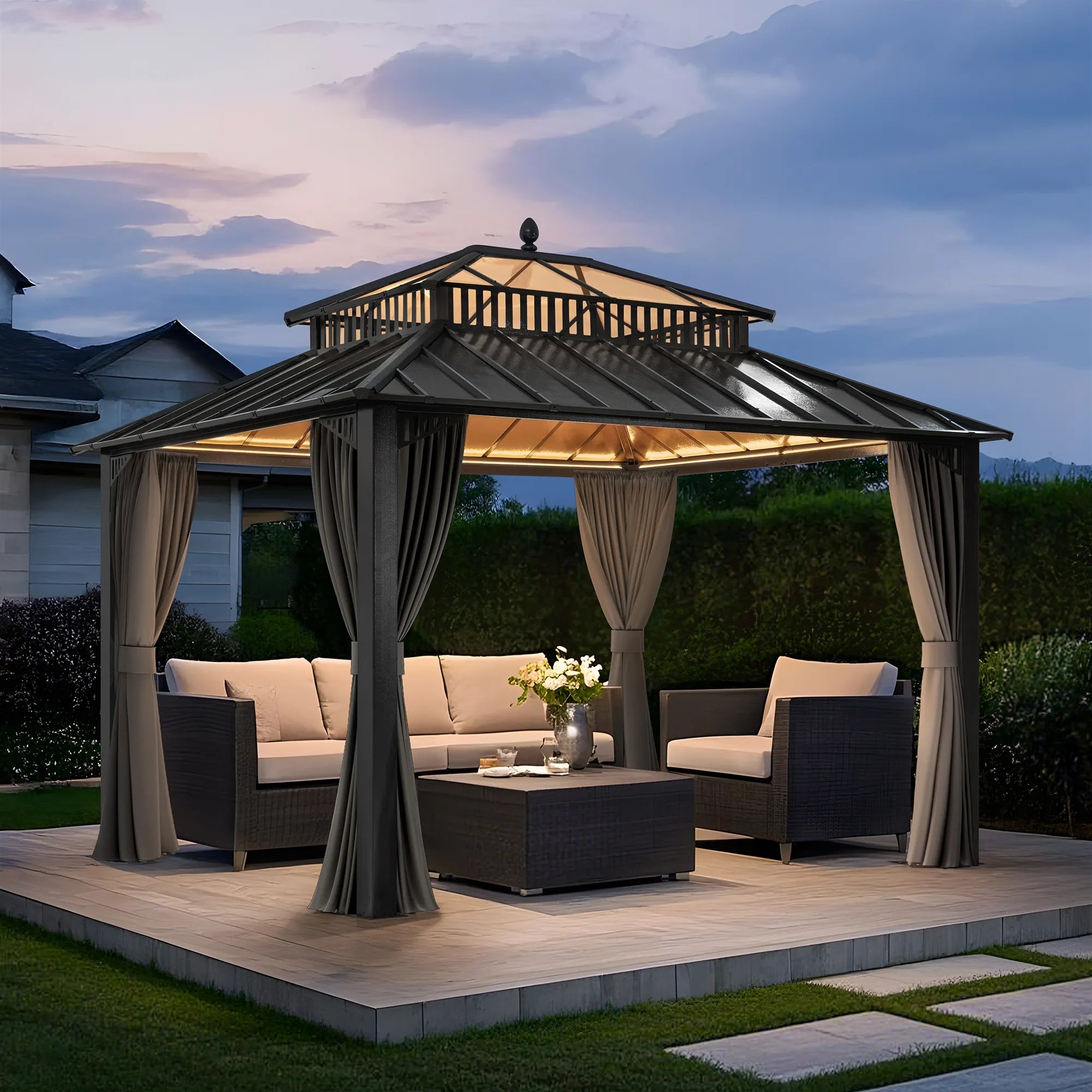 SUNJOY Kingston 12x10 Gazebo with Netting & Curtain | Steel & PC Roof - Gray Aluminum Posts