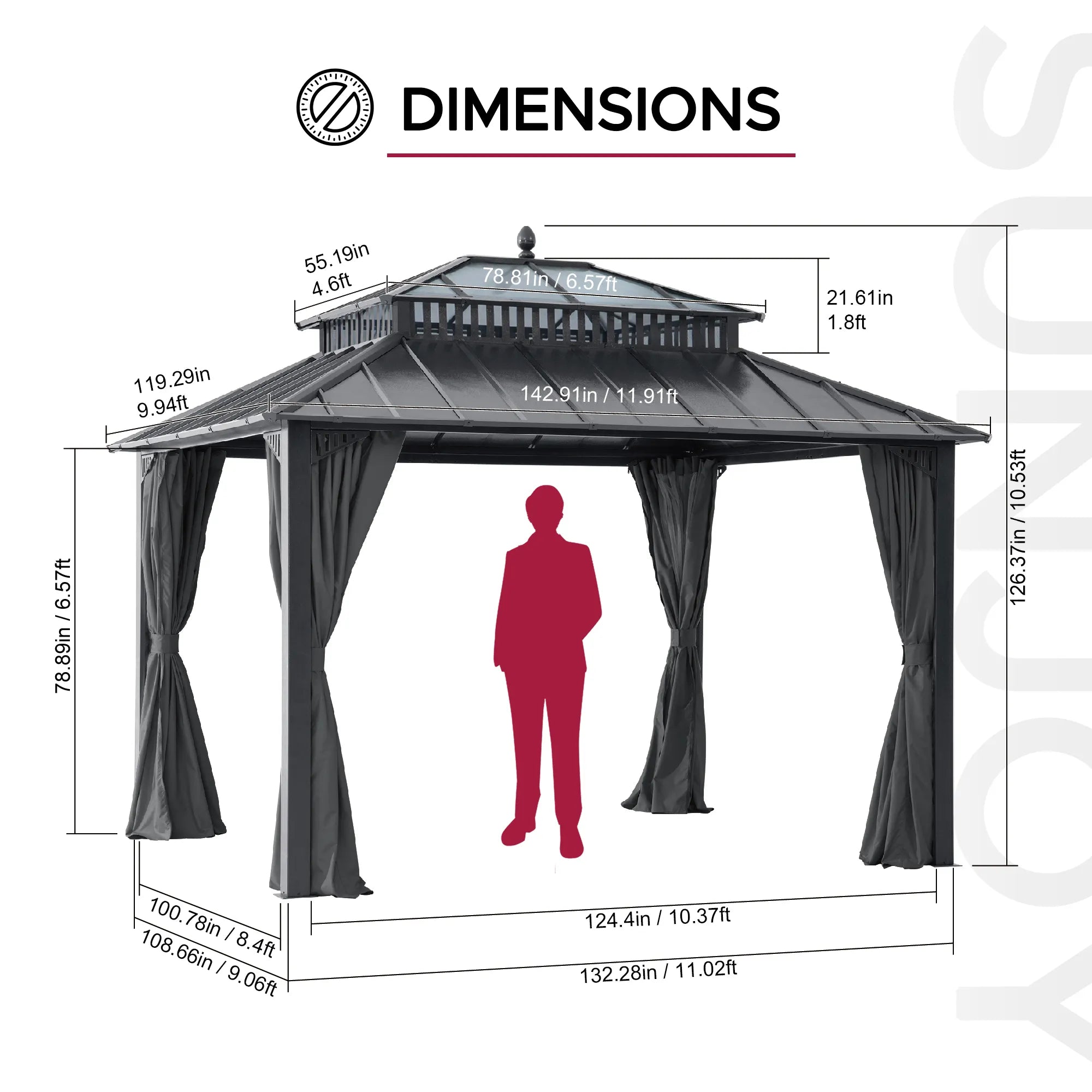 SUNJOY Kingston 12x10 Gazebo with Netting & Curtain | Steel & PC Roof - Gray Aluminum Posts