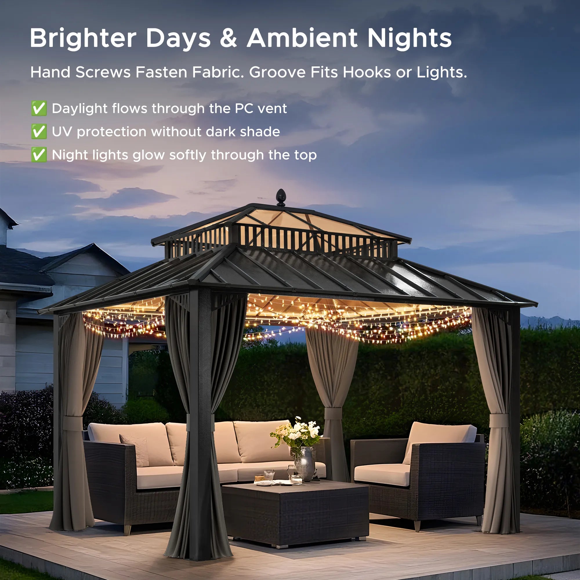 SUNJOY Kingston 12x10 Gazebo with Netting & Curtain | Steel & PC Roof - Gray Aluminum Posts