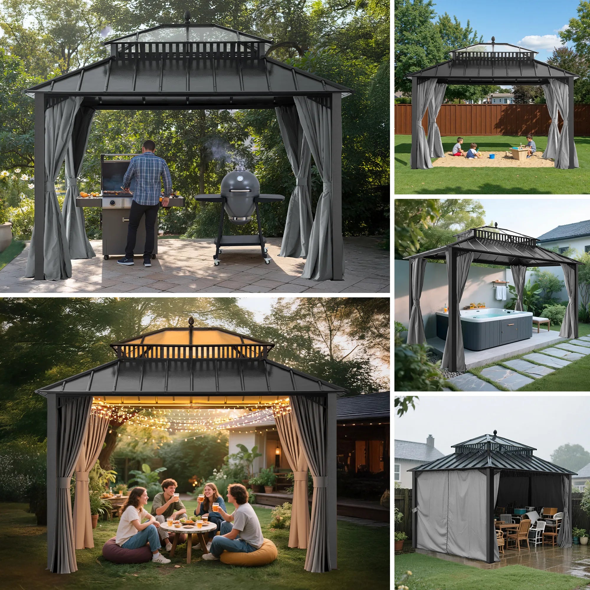 SUNJOY Kingston 12x10 Gazebo with Netting & Curtain | Steel & PC Roof - Gray Aluminum Posts