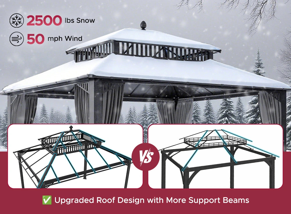 SUNJOY Kingston 12x10 Gazebo with Netting & Curtain | Steel Roof with Extra-Tall & Oversized PC Vent Top - Gray Aluminum Posts