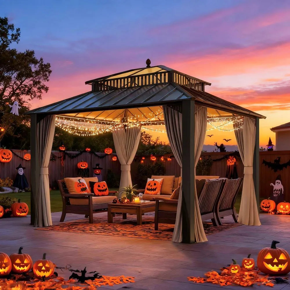 Patio with Halloween decorations, including jack-o'-lanterns and string lights, during sunset.