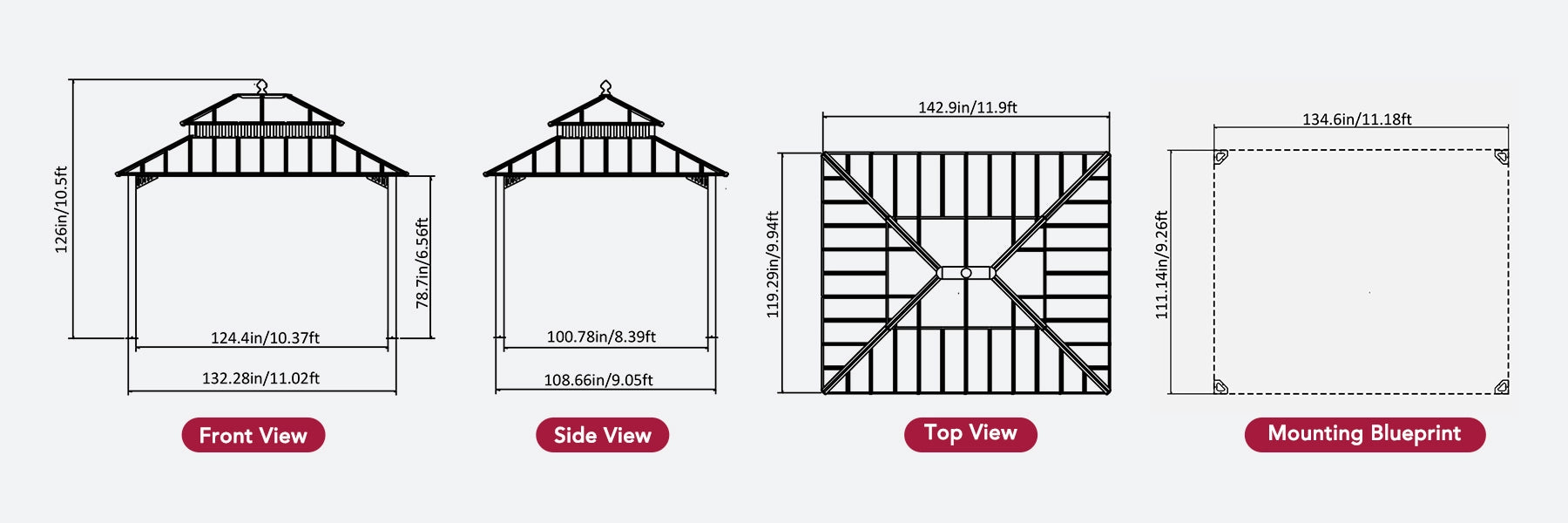 SUNJOY Kingston 12x10 Gazebo with Netting & Curtain | Steel Roof with Extra-Tall & Oversized PC Vent Top - Brown Aluminum Posts