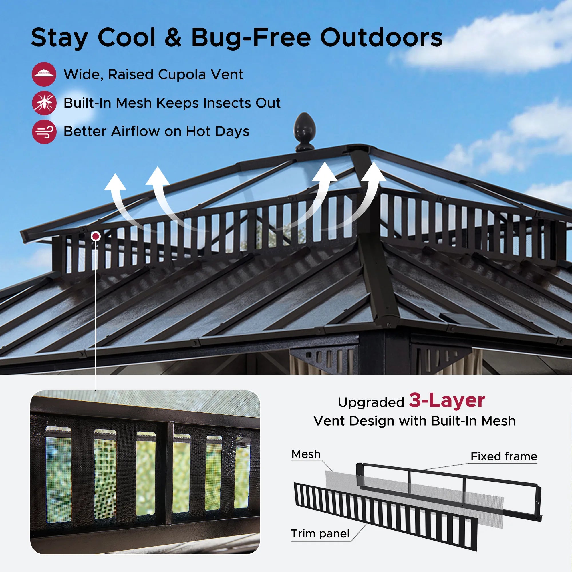 SUNJOY Kingston 12x10 Gazebo with Netting & Curtain | Steel & PC Roof - Brown Aluminum Posts