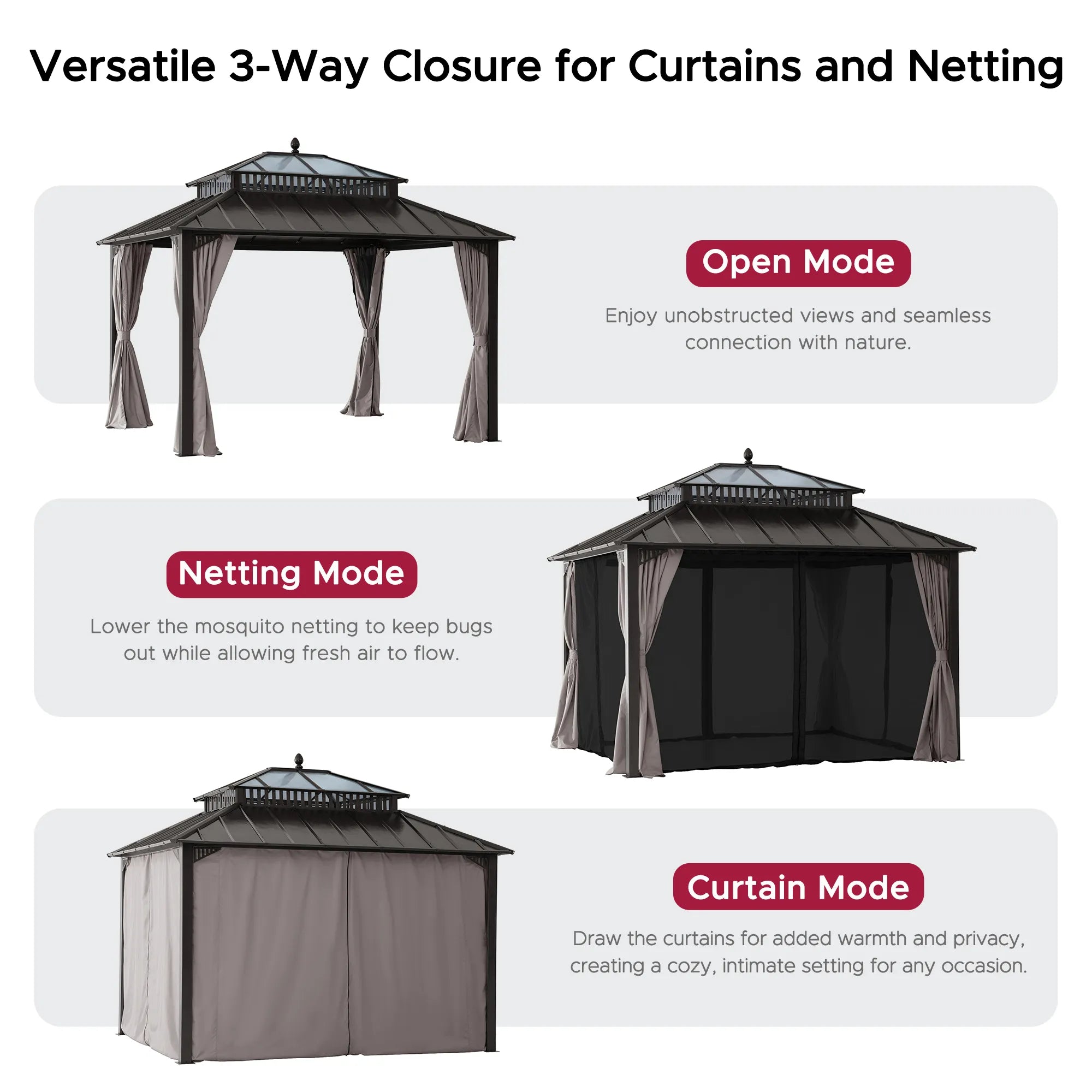 SUNJOY Kingston 12x10 Gazebo with Netting & Curtain | Steel & PC Roof - Brown Aluminum Posts