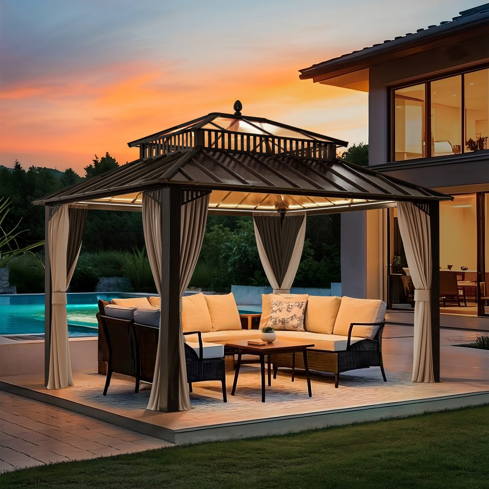 SUNJOY Kingston 12x10 Gazebo with Netting & Curtain | Steel & PC Roof - Brown Aluminum Posts