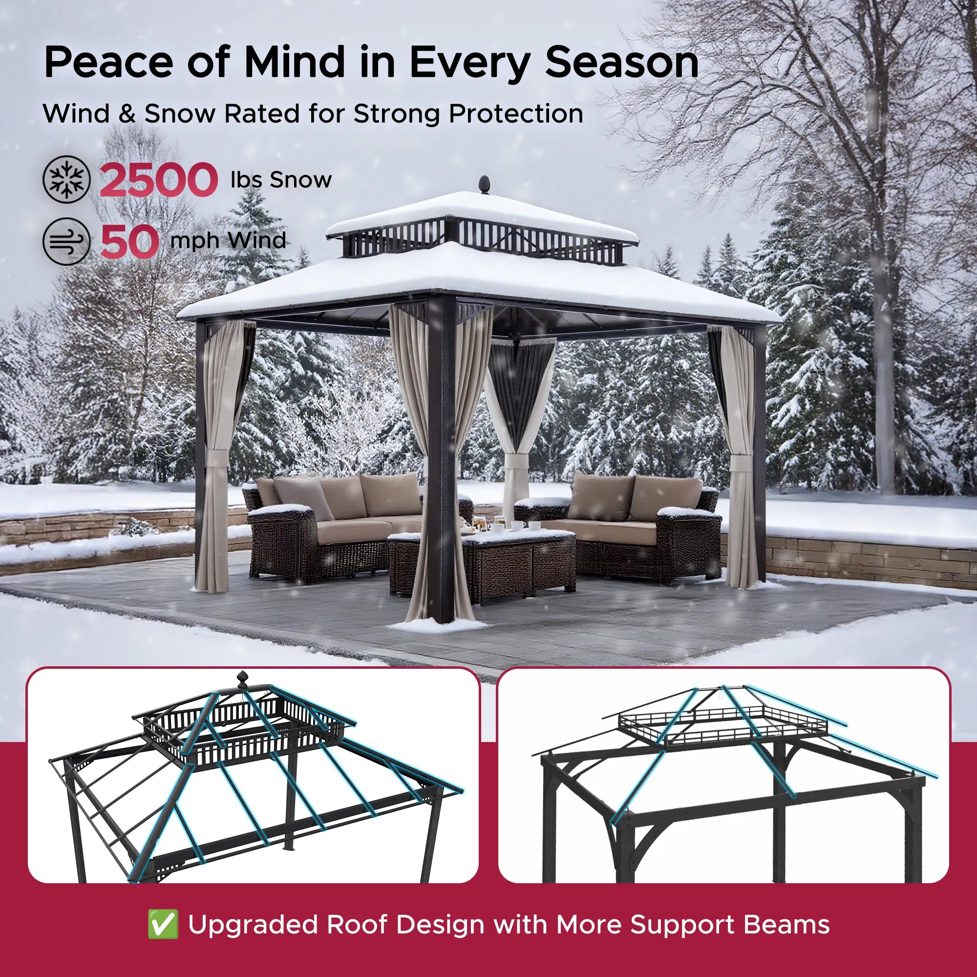 SUNJOY Kingston 12x10 Gazebo with Netting & Curtain | Steel & PC Roof - Brown Aluminum Posts