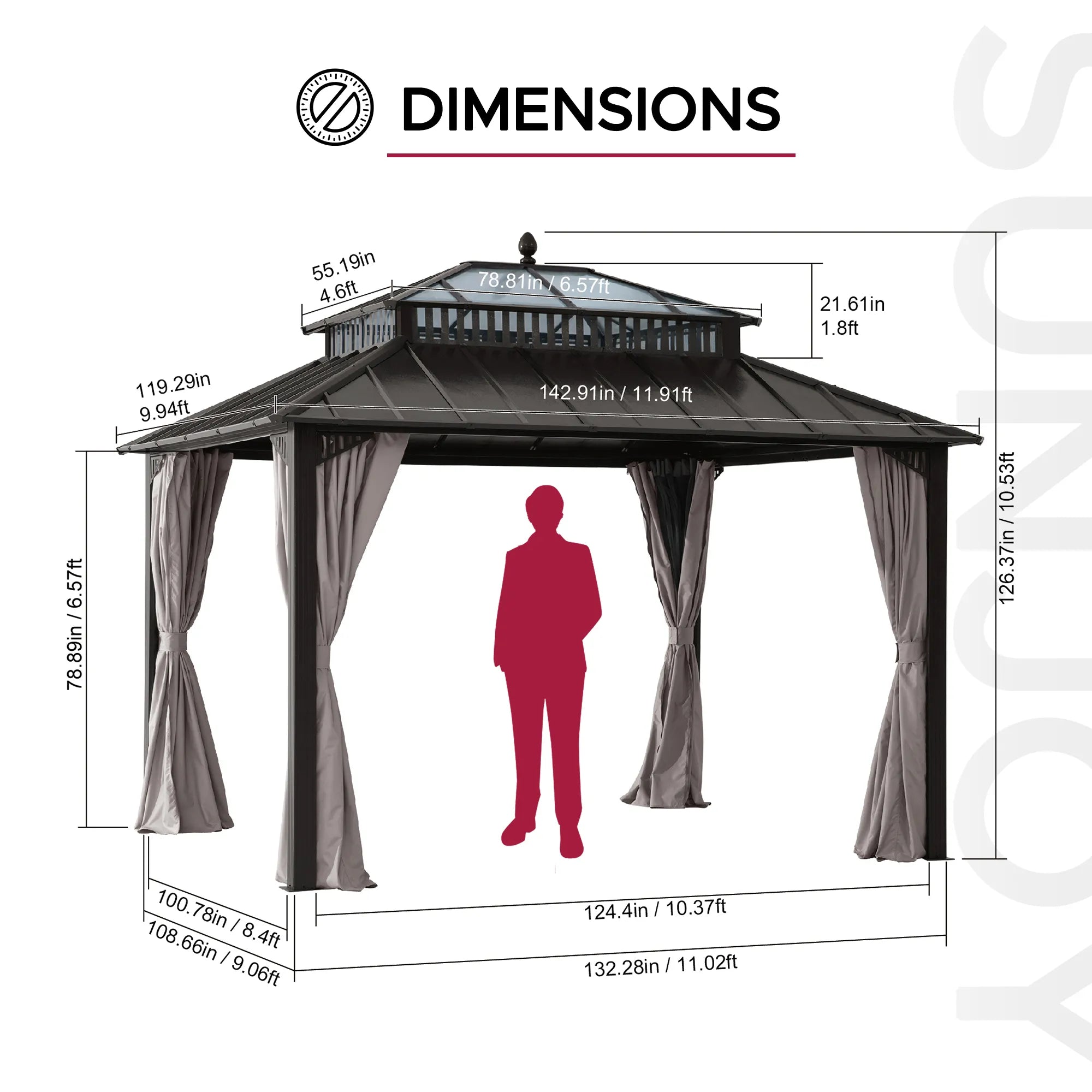 SUNJOY Kingston 12x10 Gazebo with Netting & Curtain | Steel & PC Roof - Brown Aluminum Posts