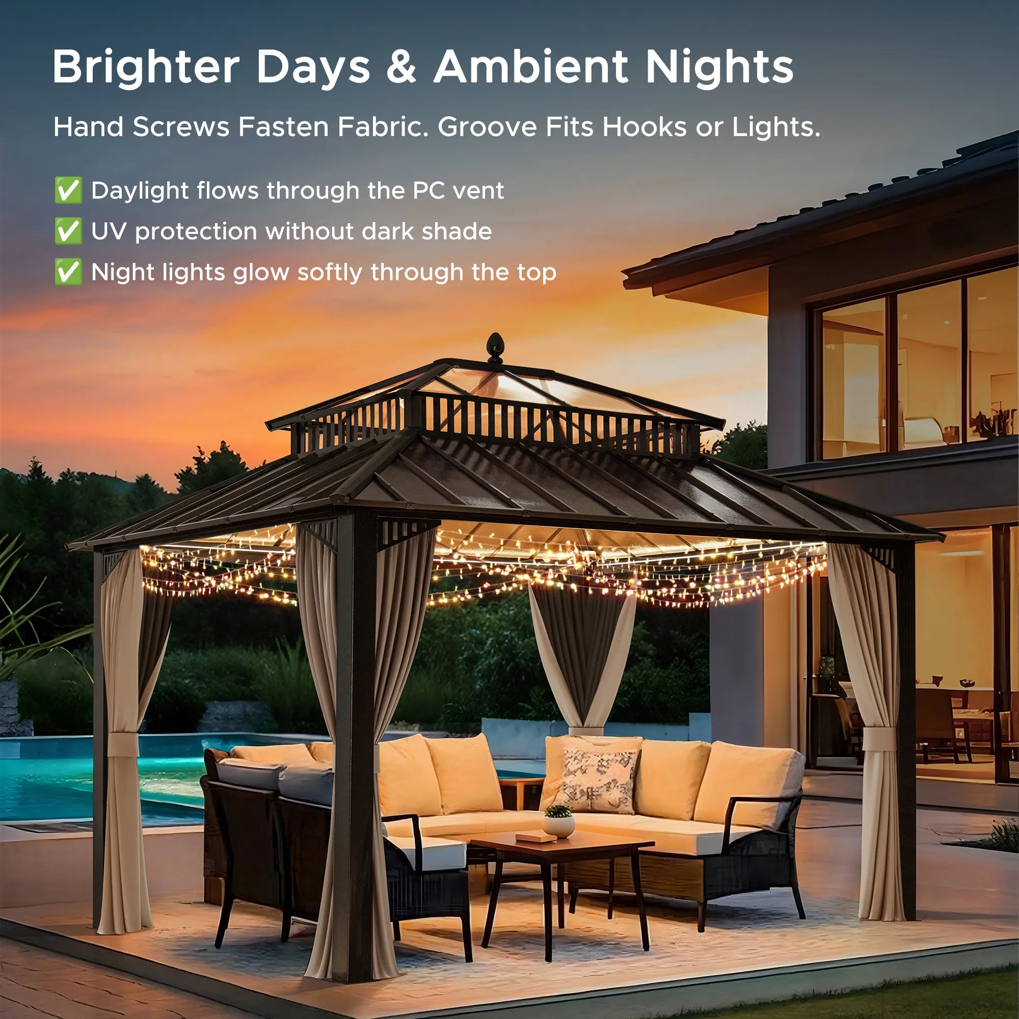 SUNJOY Kingston 12x10 Gazebo with Netting & Curtain | Steel & PC Roof - Brown Aluminum Posts