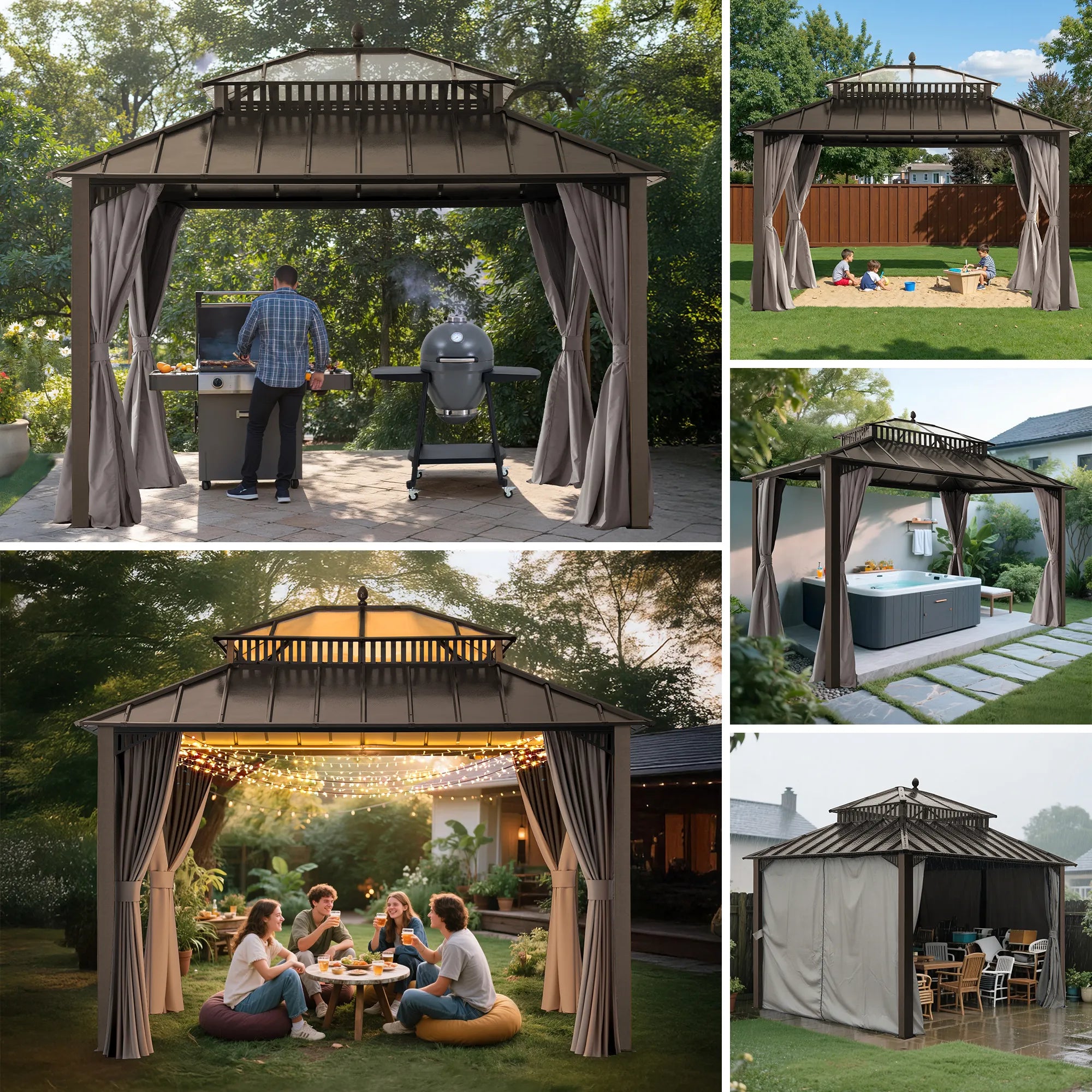 SUNJOY Kingston 12x10 Gazebo with Netting & Curtain | Steel & PC Roof - Brown Aluminum Posts