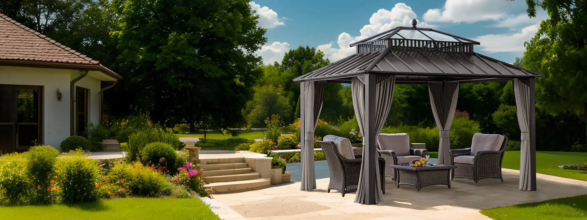 SUNJOY Kingston 12x10 Gazebo with Netting & Curtain | Steel Roof with Extra-Tall & Oversized PC Vent Top - Brown Aluminum Posts