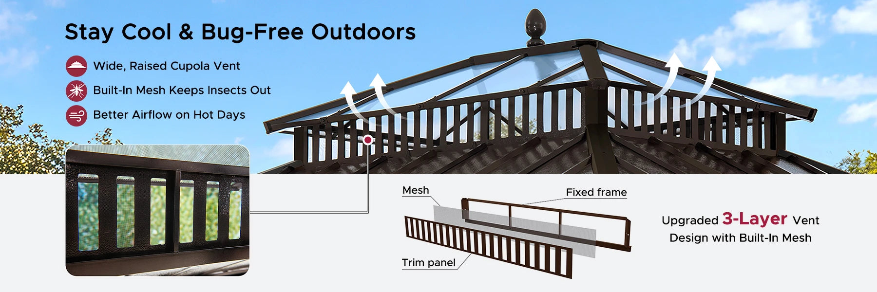 SUNJOY Kingston 12x10 Gazebo with Netting & Curtain | Steel Roof with Extra-Tall & Oversized PC Vent Top - Brown Aluminum Posts