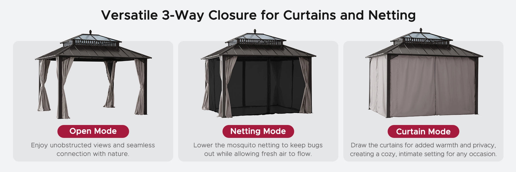 SUNJOY Kingston 12x10 Gazebo with Netting & Curtain | Steel Roof with Extra-Tall & Oversized PC Vent Top - Brown Aluminum Posts