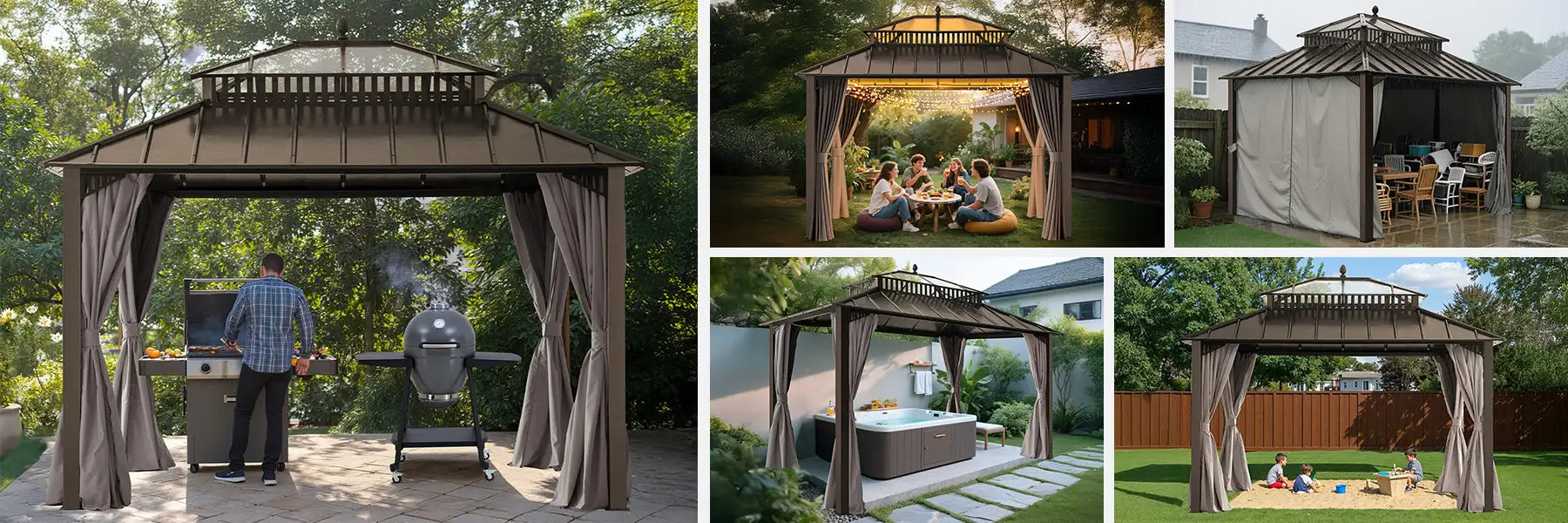 SUNJOY Kingston 12x10 Gazebo with Netting & Curtain | Steel Roof with Extra-Tall & Oversized PC Vent Top - Brown Aluminum Posts
