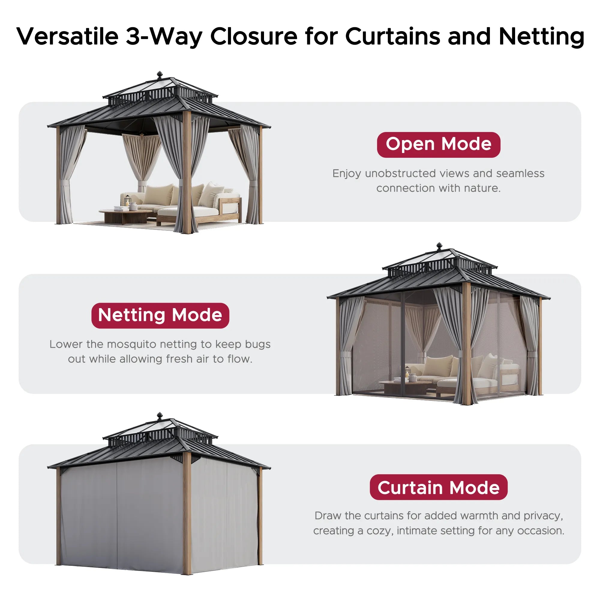 SUNJOY Kingston 12x10 Gazebo with Netting & Curtain | Steel Roof with Extra-Tall & Oversized PC Vent Top - Cedar Wood Posts