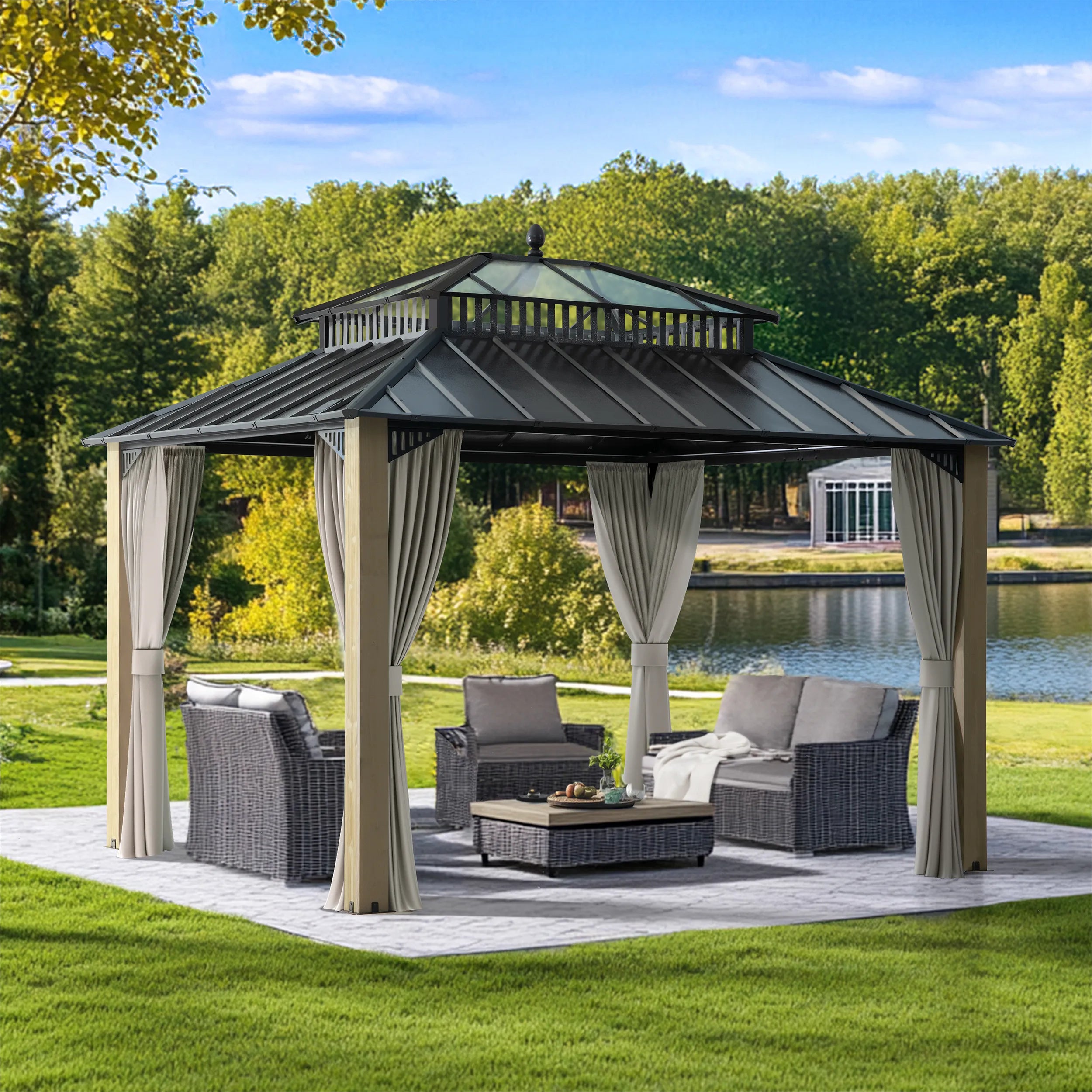 SUNJOY Kingston 12x10 Gazebo with Netting & Curtain | Steel Roof with Extra-Tall & Oversized PC Vent Top - Cedar Wood Posts