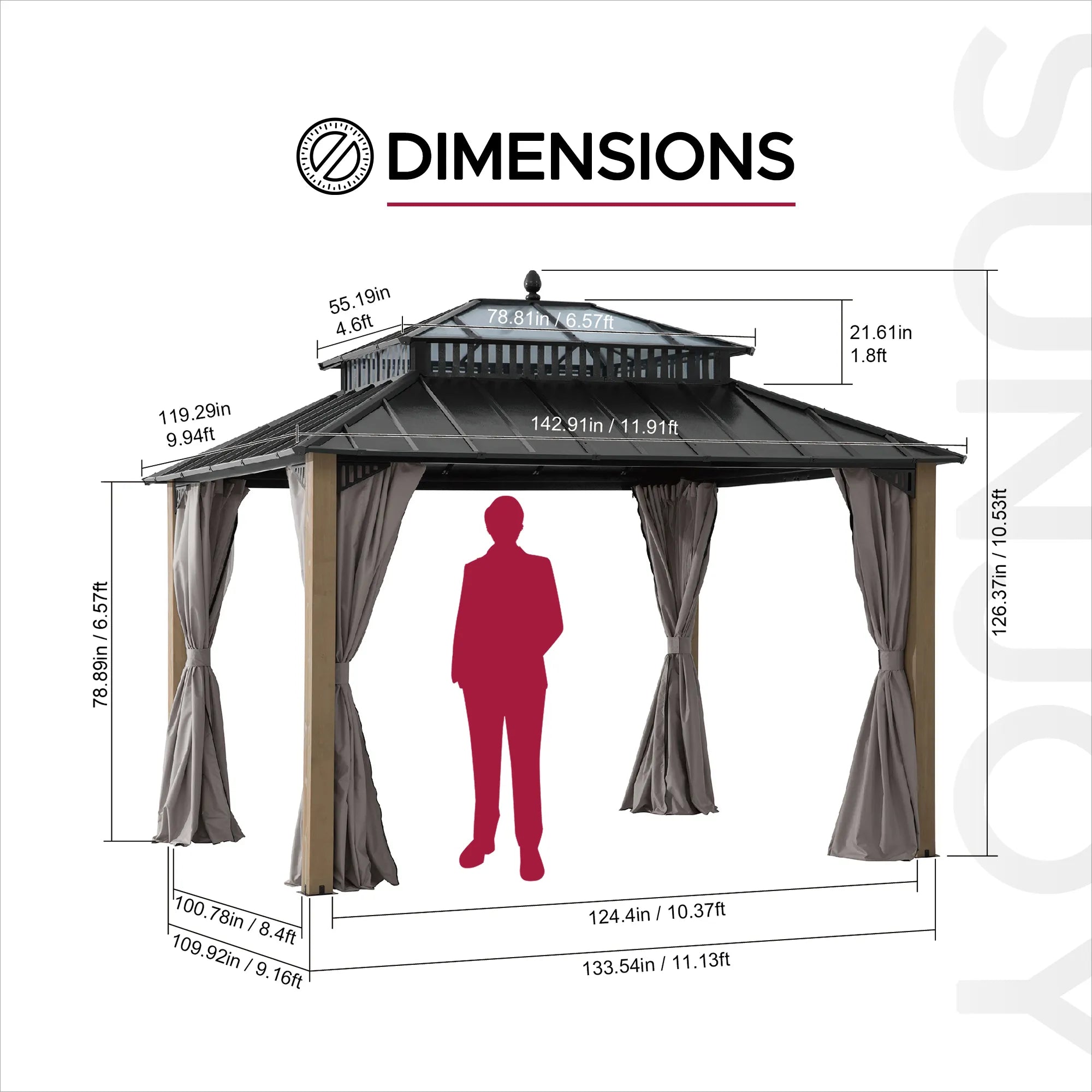 SUNJOY Kingston 12x10 Gazebo with Netting & Curtain | Steel Roof with Extra-Tall & Oversized PC Vent Top - Cedar Wood Posts