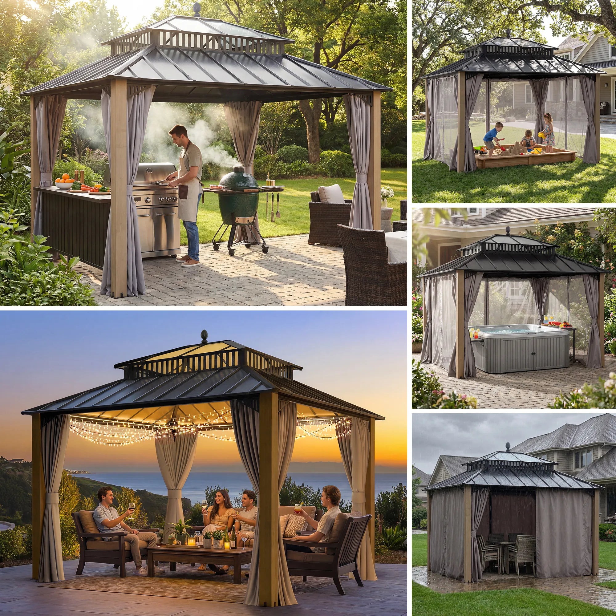 SUNJOY Kingston 12x10 Gazebo with Netting & Curtain | Steel Roof with Extra-Tall & Oversized PC Vent Top - Cedar Wood Posts