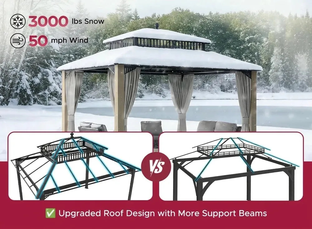 SUNJOY Kingston 12x10 Gazebo with Netting & Curtain | Steel Roof with Extra-Tall & Oversized PC Vent Top - Cedar Wood Posts