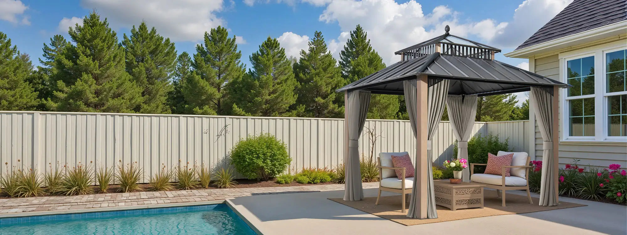 SUNJOY Kingston 10x10 Gazebo with Netting & Curtain | Steel Roof with Extra-Tall & Oversized PC Vent Top - Woodgrain Aluminum Posts