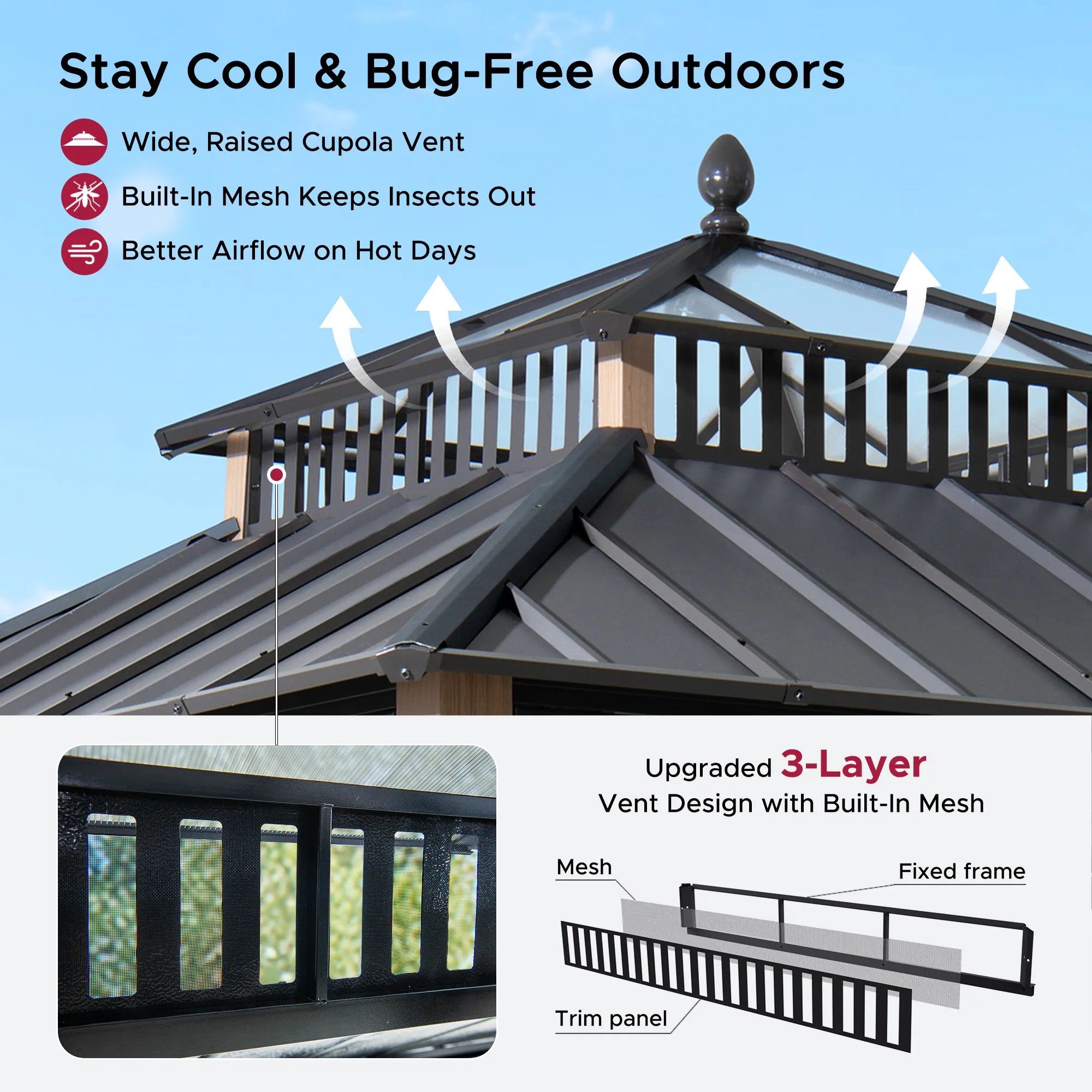 SUNJOY Kingston 10x10 Gazebo with Netting & Curtain | Steel & PC Roof - Woodgrain Aluminum Posts