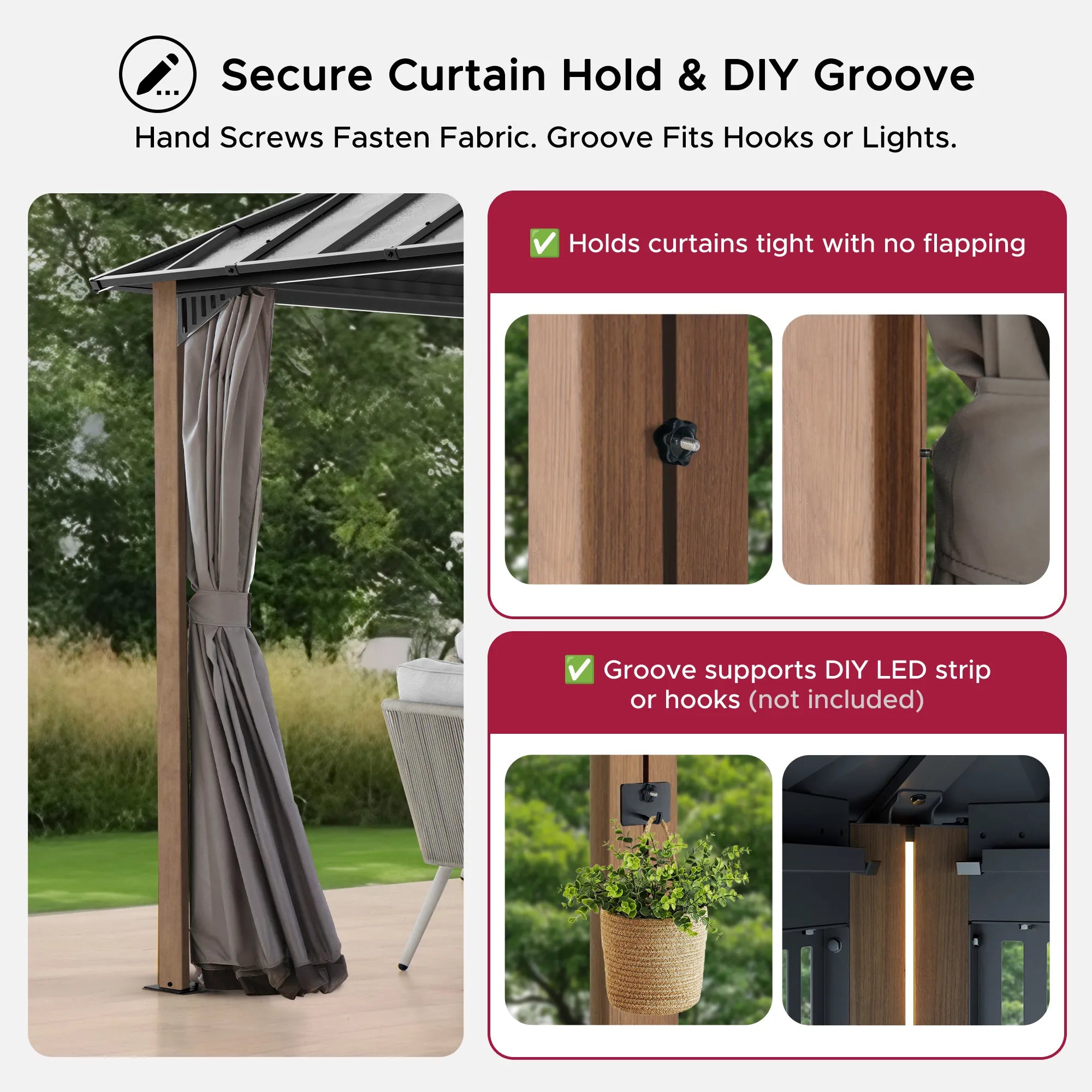 SUNJOY Kingston 10x10 Gazebo with Netting & Curtain | Steel & PC Roof - Woodgrain Aluminum Posts