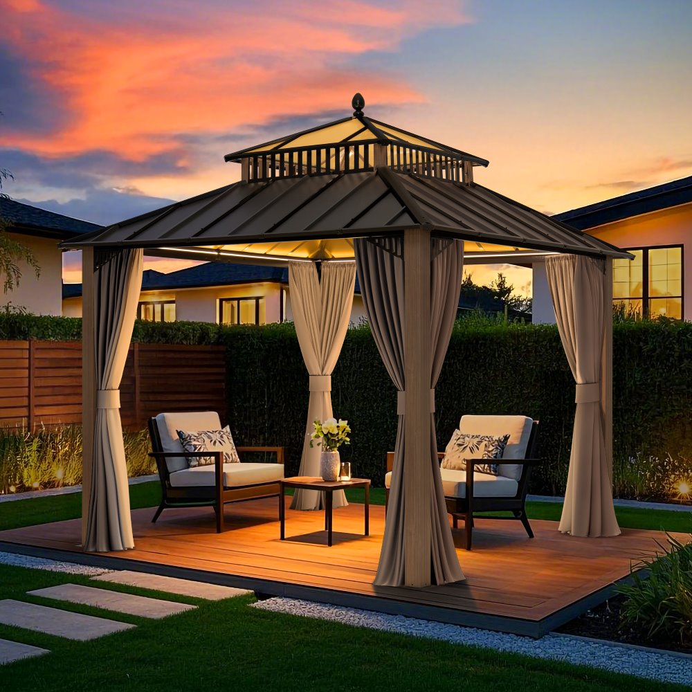 SUNJOY Kingston 10x10 Gazebo with Netting & Curtain | Steel & PC Roof - Woodgrain Aluminum Posts