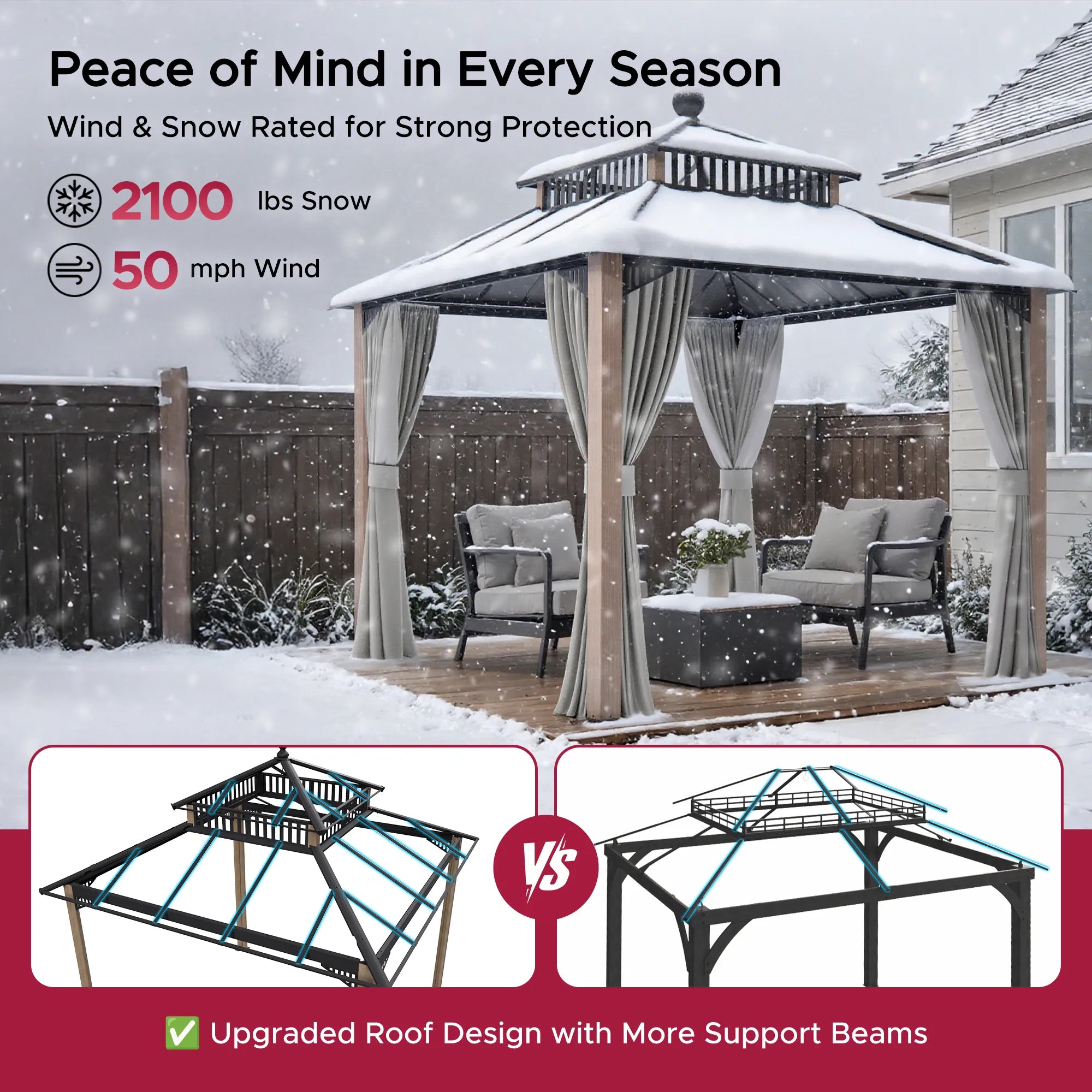 SUNJOY Kingston 10x10 Gazebo with Netting & Curtain | Steel & PC Roof - Woodgrain Aluminum Posts