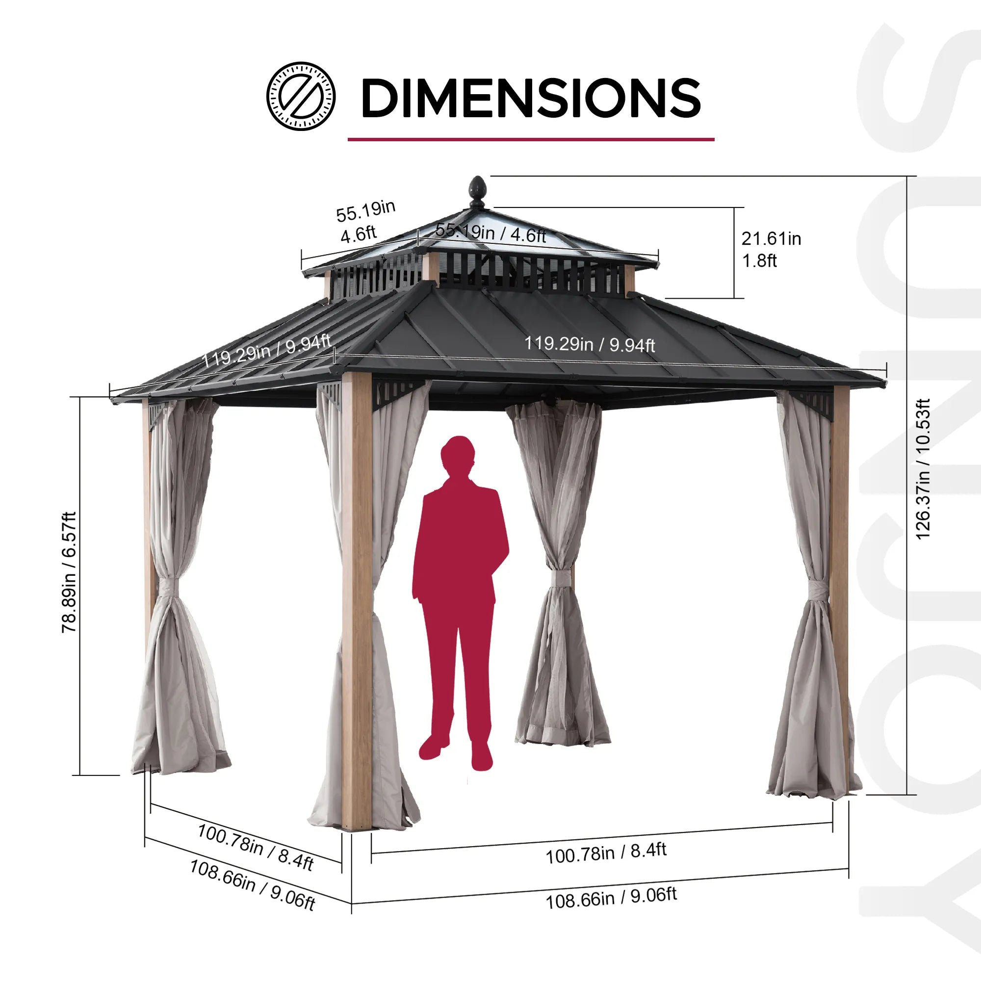 SUNJOY Kingston 10x10 Gazebo with Netting & Curtain | Steel & PC Roof - Woodgrain Aluminum Posts