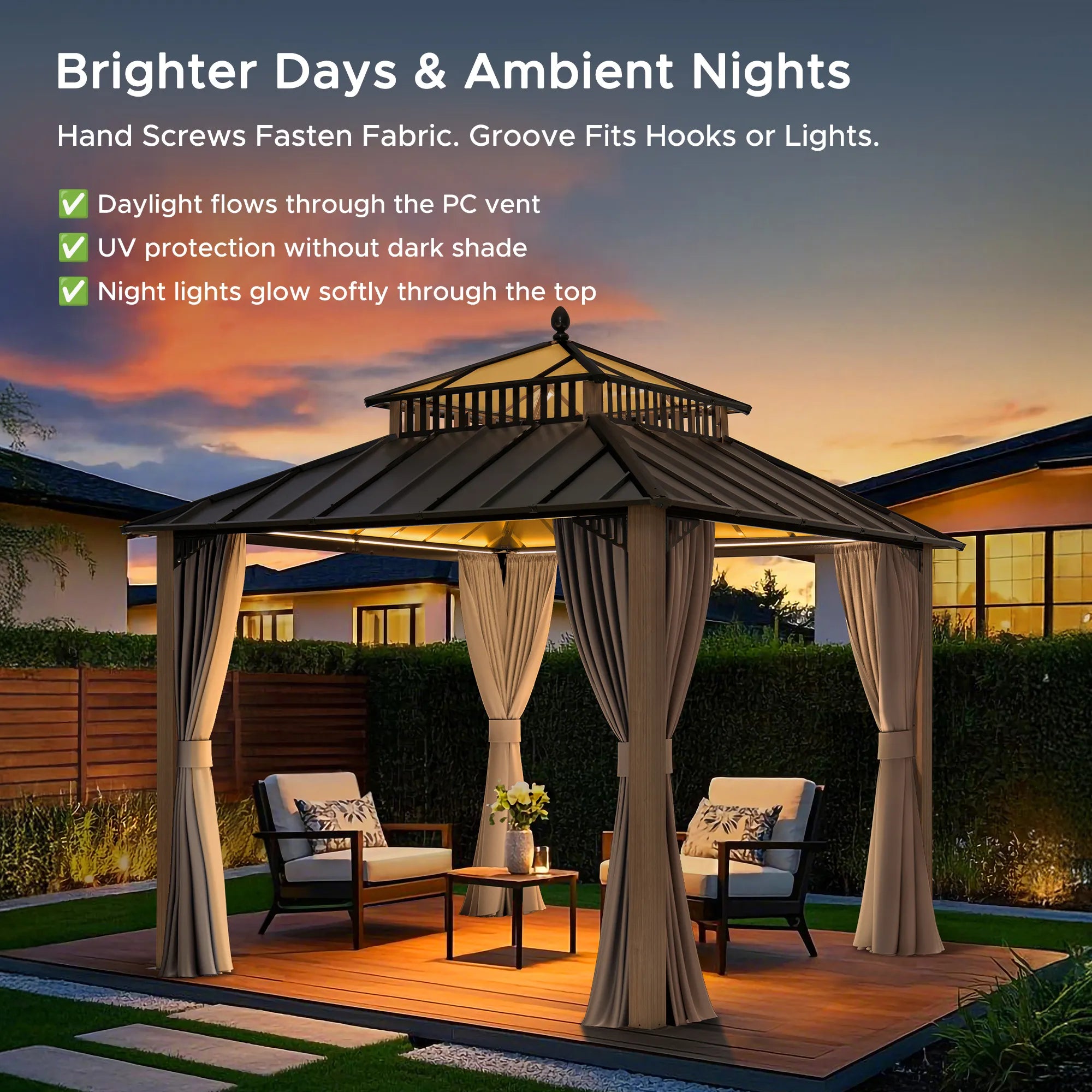 SUNJOY Kingston 10x10 Gazebo with Netting & Curtain | Steel & PC Roof - Woodgrain Aluminum Posts