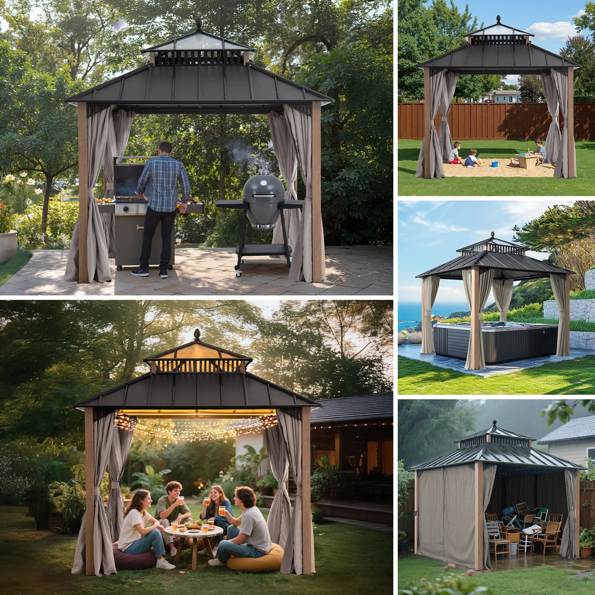 SUNJOY Kingston 10x10 Gazebo with Netting & Curtain | Steel & PC Roof - Woodgrain Aluminum Posts
