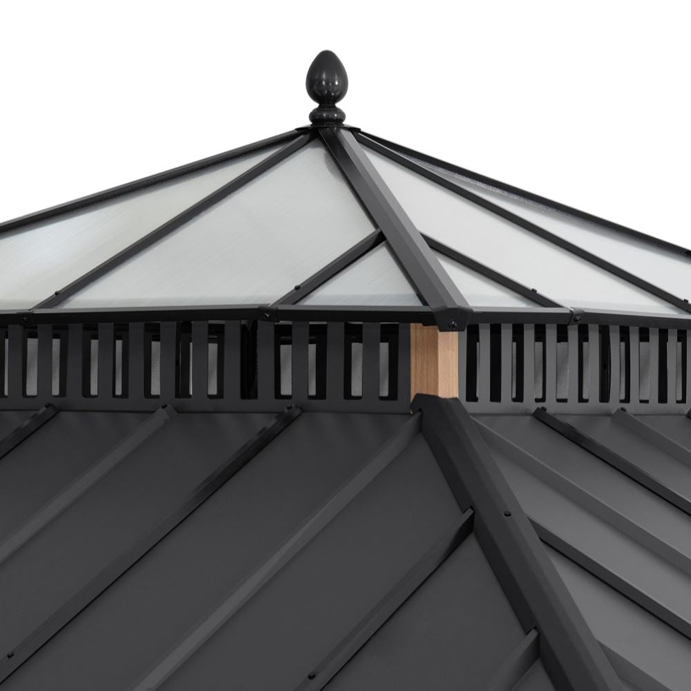 SUNJOY Kingston 10x10 Gazebo with Netting & Curtain | Steel & PC Roof - Woodgrain Aluminum Posts