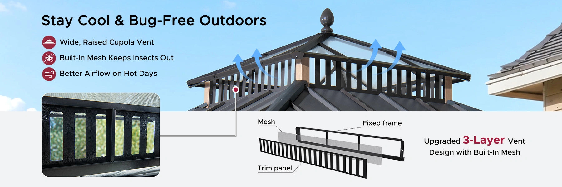 SUNJOY Kingston 10x10 Gazebo with Netting & Curtain | Steel Roof with Extra-Tall & Oversized PC Vent Top - Woodgrain Aluminum Posts