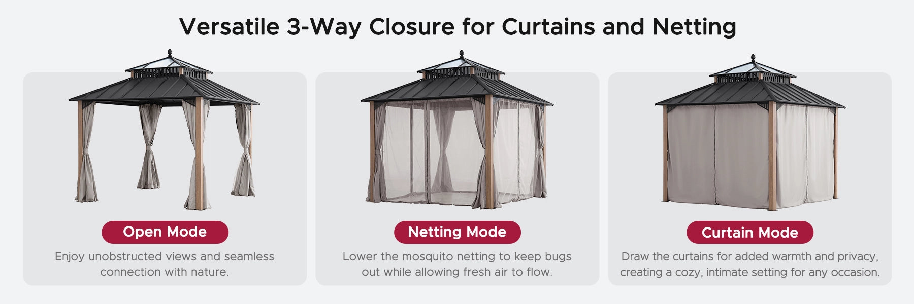 SUNJOY Kingston 10x10 Gazebo with Netting & Curtain | Steel Roof with Extra-Tall & Oversized PC Vent Top - Woodgrain Aluminum Posts