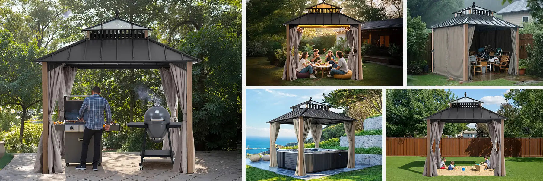 SUNJOY Kingston 10x10 Gazebo with Netting & Curtain | Steel Roof with Extra-Tall & Oversized PC Vent Top - Woodgrain Aluminum Posts